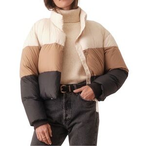 Marine Layer Gia Crop Puffer Jacket Cream Tan Navy Down Size S